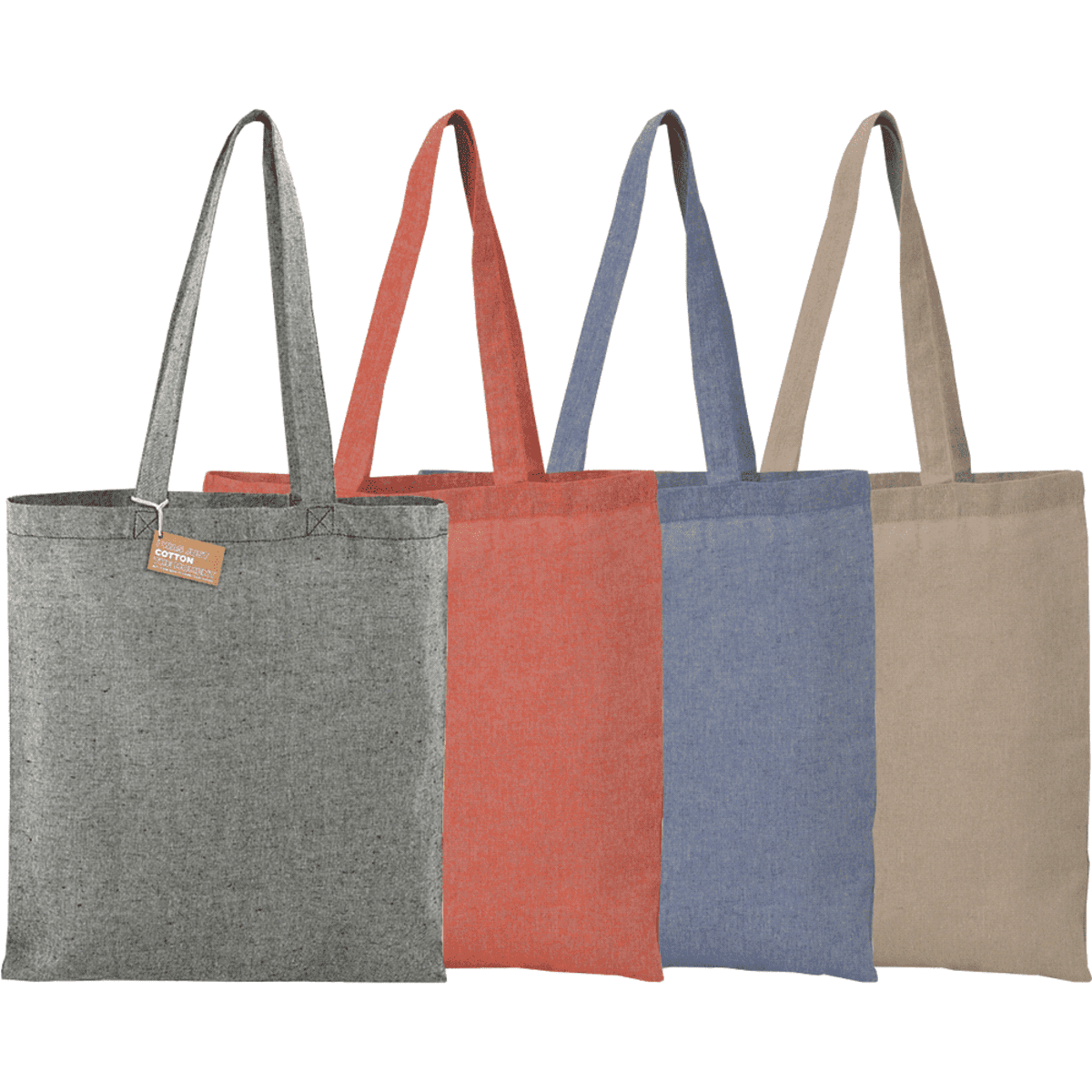 Four tote bags in gray, orange, blue, and beige lined up side by side.