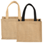 Two blank burlap tote bags, one with natural handles and one with black handles.