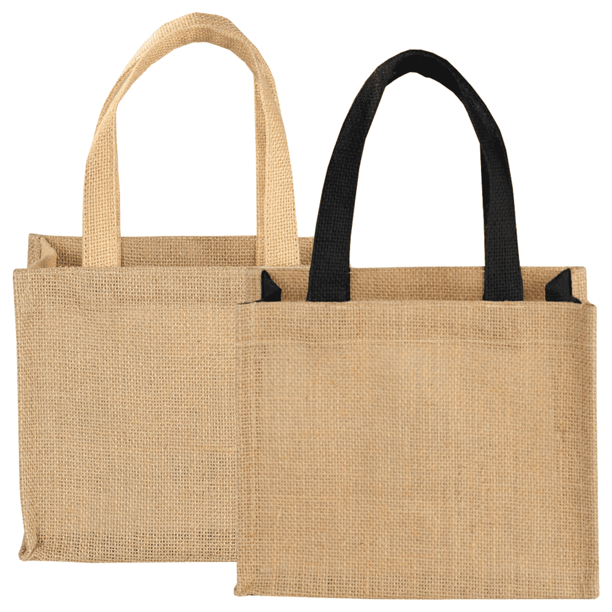 Two blank burlap tote bags, one with natural handles and one with black handles.