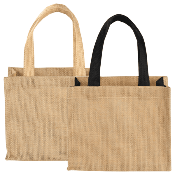 Two jute tote bags, one with black handles and the other with matching jute handles, side by side.