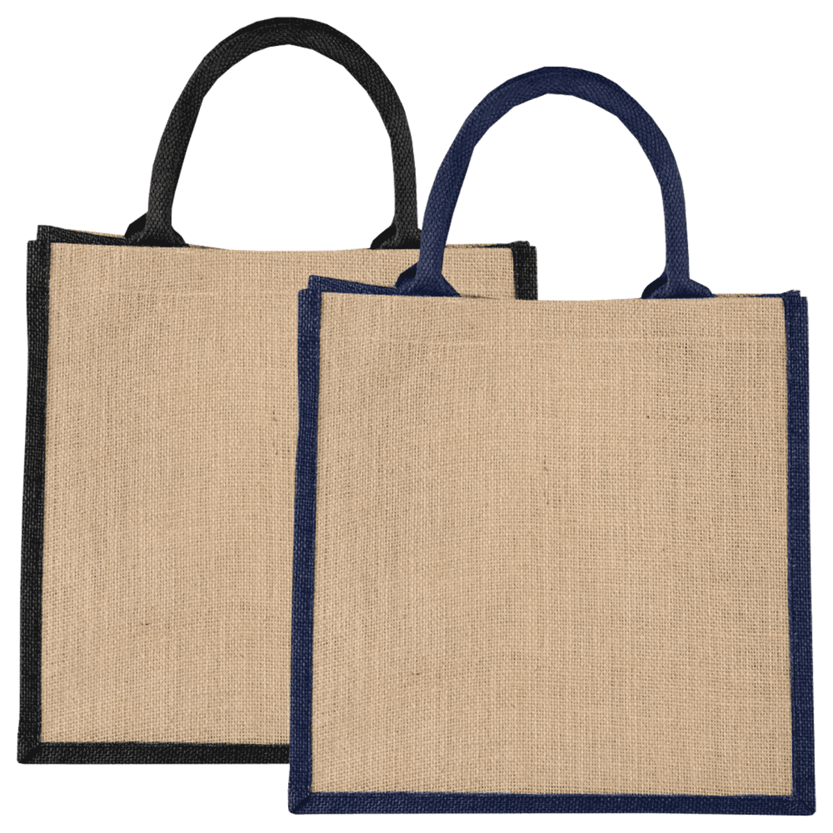 Two jute bags with black and navy handles, plain design, on a white background.