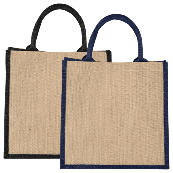 Two jute tote bags with black and blue handles and edges.