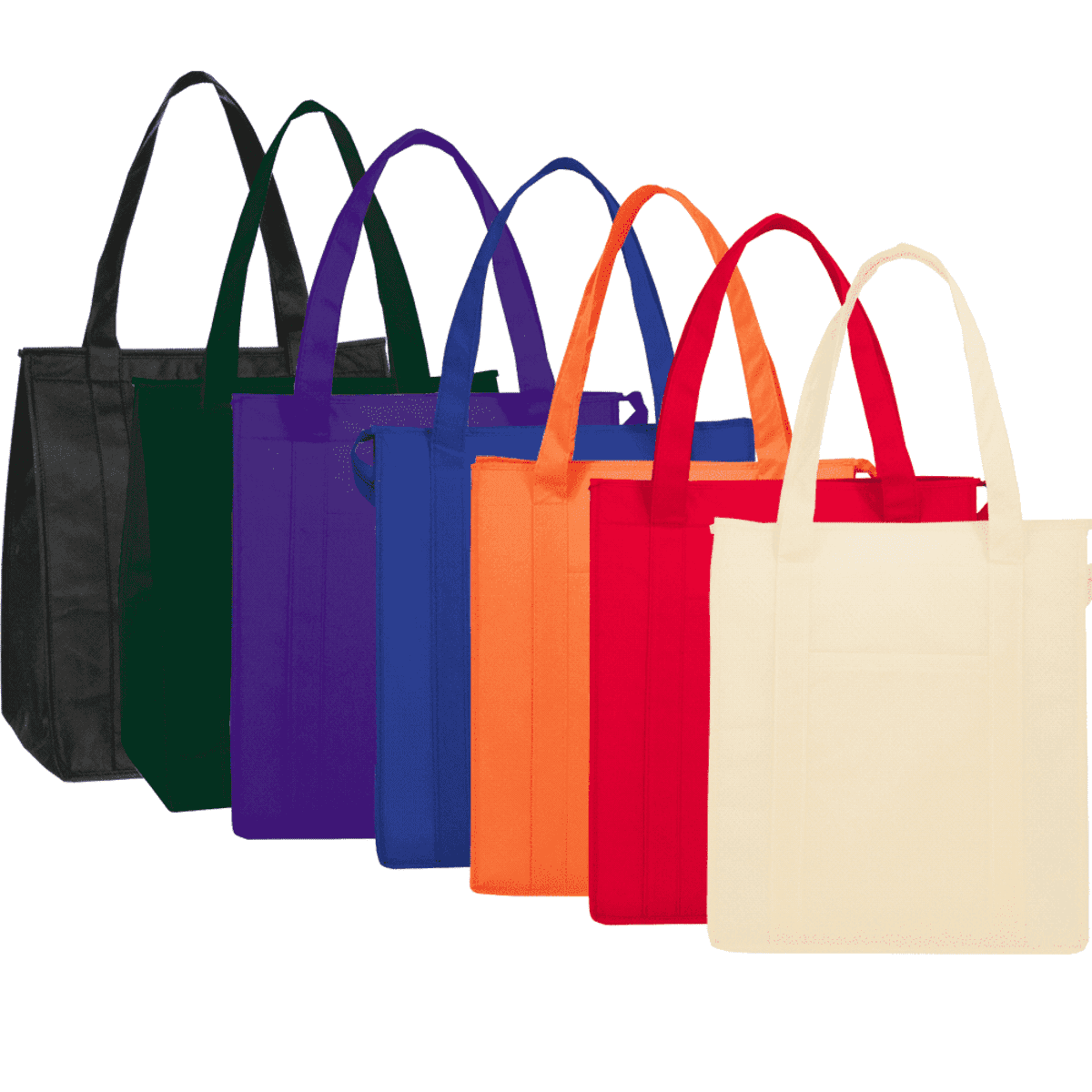 Six colorful tote bags aligned, each in black, green, purple, blue, orange, red, and beige.