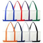 Eight white tote bags with different colored handles and bottoms, arranged in two rows.