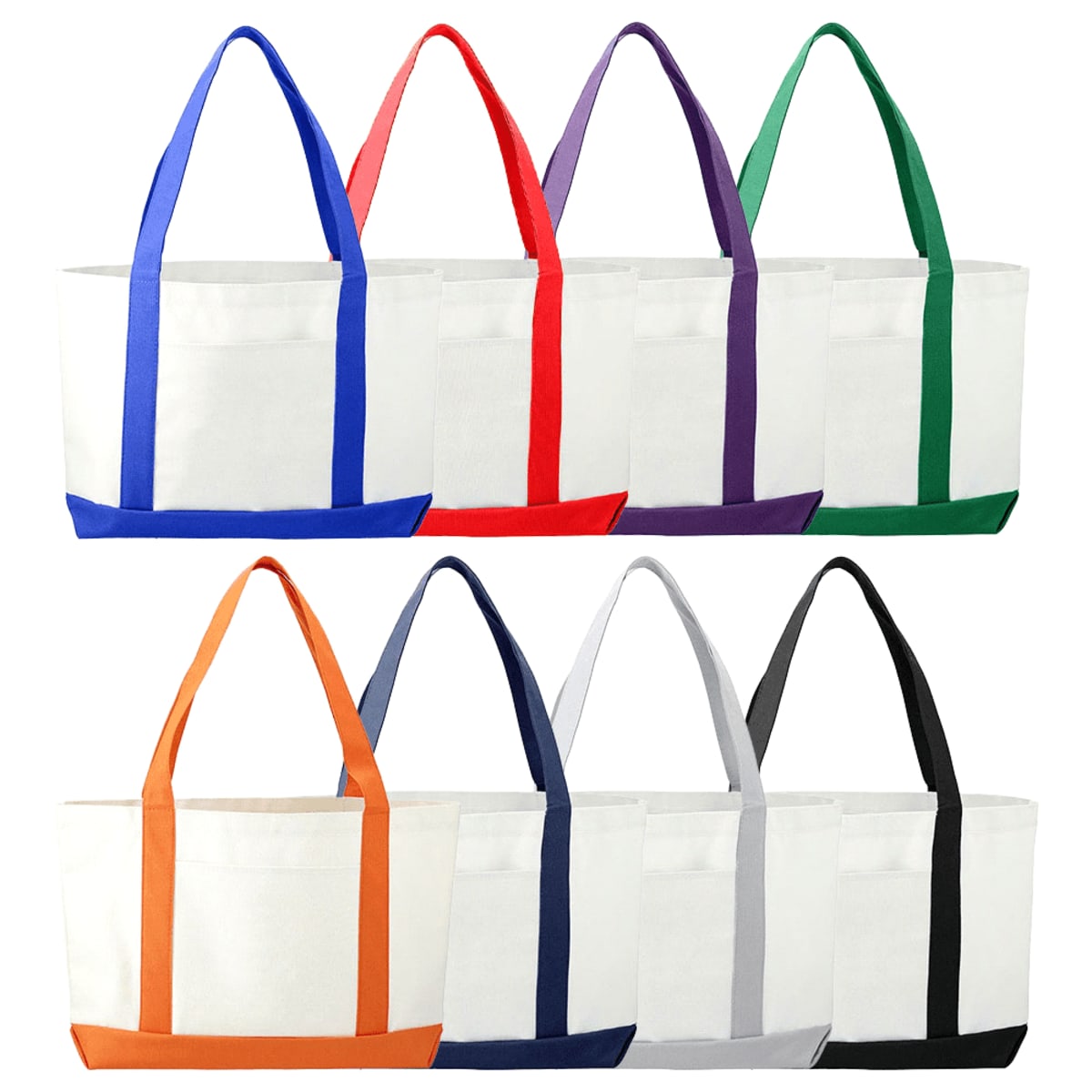 Eight white tote bags with different colored handles and bottoms, arranged in two rows.