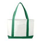White tote bag with green handles and trim.