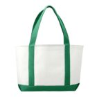 White tote bag with green handles and trim.