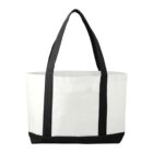 White tote bag with black handles and trim.