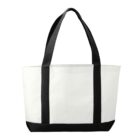 White canvas tote bag with black handles and base.