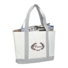 White tote bag with gray straps, holding newspapers or magazines.