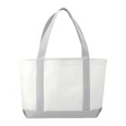 White tote bag with gray handles and trim.