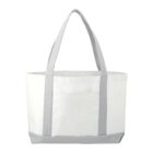 White tote bag with gray handles and base.
