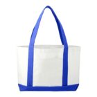 White tote bag with blue handles and trim.
