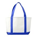 White tote bag with blue handles and trim.