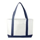 White tote bag with blue handles and trim.