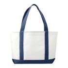 White canvas tote bag with navy blue straps and accents.
