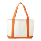 A white tote bag with orange handles and trim edges.