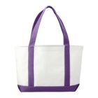 White tote bag with purple handles and trim.
