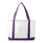 White tote bag with purple straps and base, featuring an open top.