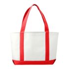 White tote bag with red handles and accents.