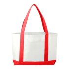 A white tote bag with red handles and a red bottom.
