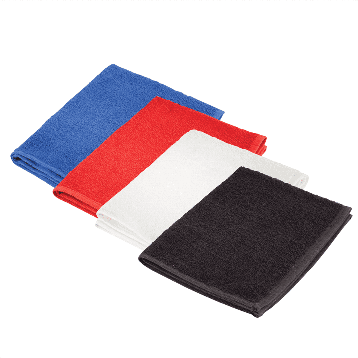 Four folded towels in blue, red, white, and black on a white background.