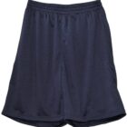 Black athletic shorts with an elastic waistband on a white background.