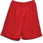 Plain red athletic shorts on a white background.