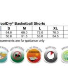 Size chart for CoolDry basketball shorts, showing measurements and feature icons.