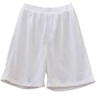 White athletic shorts with an elastic waistband on a white background.