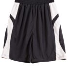 Black and white athletic shorts with an elastic waistband.