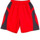 Red athletic shorts with black side panels on a white background.