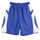 Blue athletic shorts with white mesh side panels on a white background.