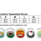 Sizing chart for SS23 CoolDry basketball shorts, sizes S to 3XL, with fabric features icons below.
