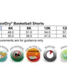 Kids CoolDry basketball shorts size chart with features icons at the bottom.