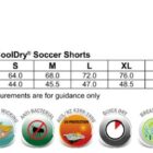 Size chart for SS25 Adults CoolDry Soccer Shorts, includes Easy Fit and features icons.