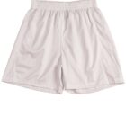 White athletic shorts with elastic waistband on a plain background.
