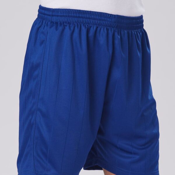 Person wearing blue athletic shorts and a white shirt.