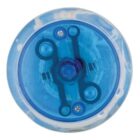 A blue and white yo-yo viewed from above, showing its inner mechanism.