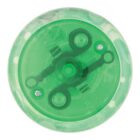 Green translucent yo-yo seen from above, showing inner mechanism and screws.