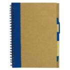 Brown spiral-bound notebook with a blue pen attached.