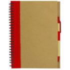 Brown spiral notebook with red spine and a red pen attached.