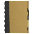 Brown spiral notebook with a pen on the side.
