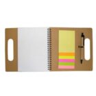 Open spiral notebook with sticky notes and a pen inside a brown cover with handles.