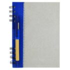 Spiral notebook with blue cover edge and attached pen on white background.