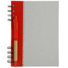 Red spiral notebook with a pen attached to the cover.
