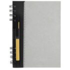 Gray spiral notebook with a black spiral binding and a pen attached to the side.