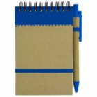 Small spiral notebook with blue accents and an attached pen.