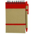 A small spiral notebook with a red pen attached to the side.