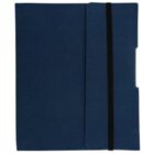 A closed dark blue notebook with a black elastic strap securing the right flap. The notebook has a rectangular shape with clean edges and a minimalist design.